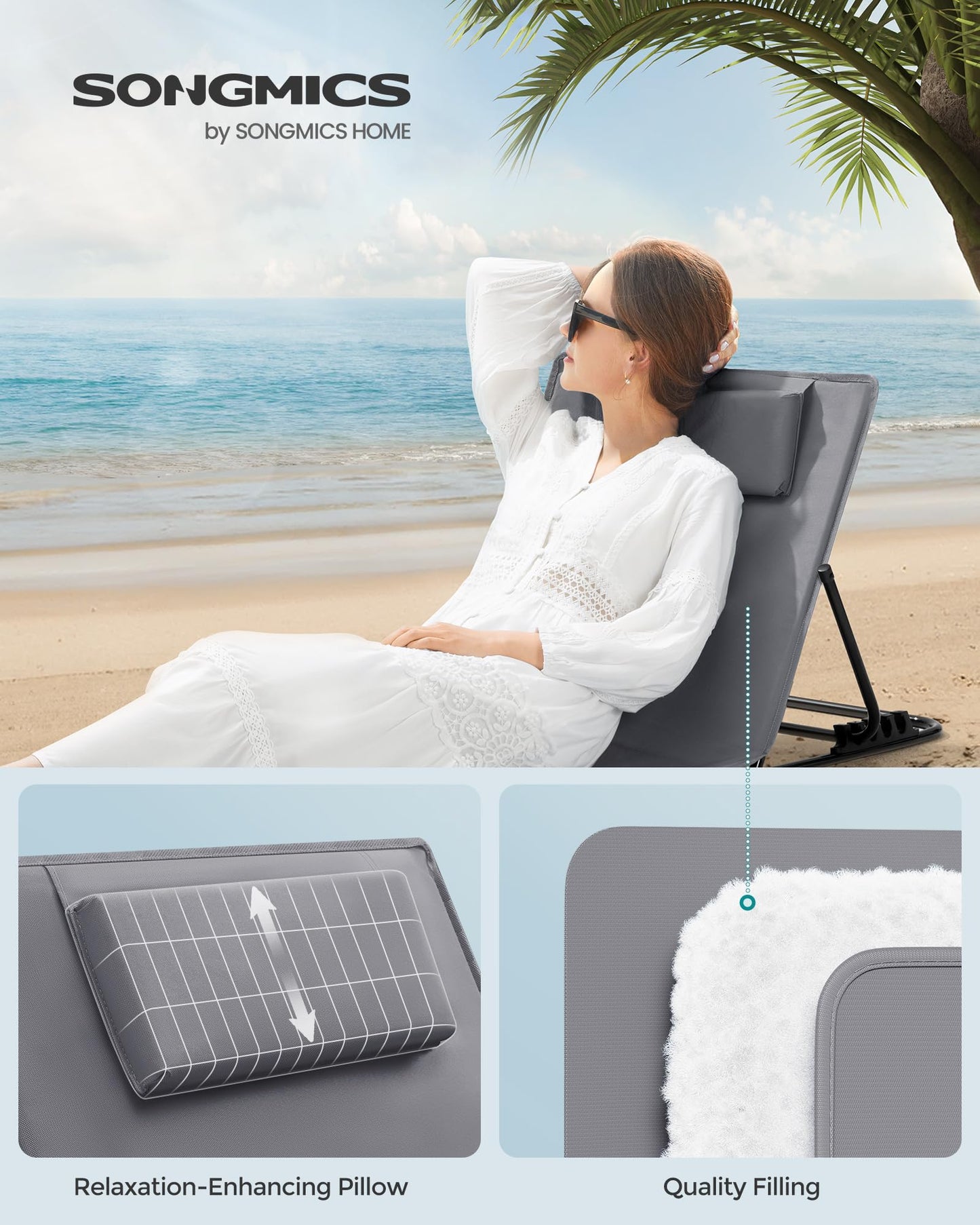 SONGMICS Set of 2 Folding Beach Sunloungers, Deck Beach Chairs Mats, Reclining Backrest, Lightweight Portable with Handle, for Camping Garden Pool, 158 x 55 cm, Slate Grey GCB251G01