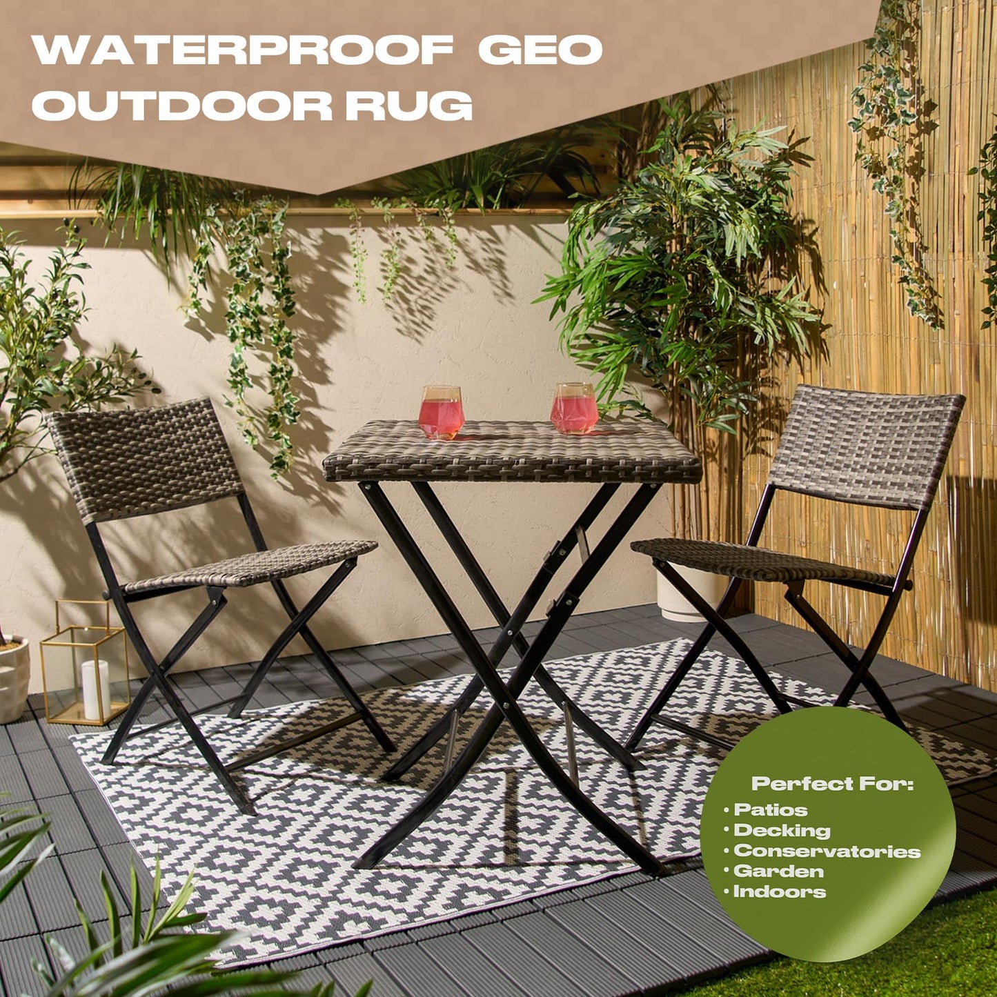 Dreamscene Outdoor Mats for Garden Rug Grey Geometric, Reversible Mat for Summer Garden Patio Decking Large Outdoor Rug Water Resistant Foldable Area Rugs Easy Storage, 80 x 150cm