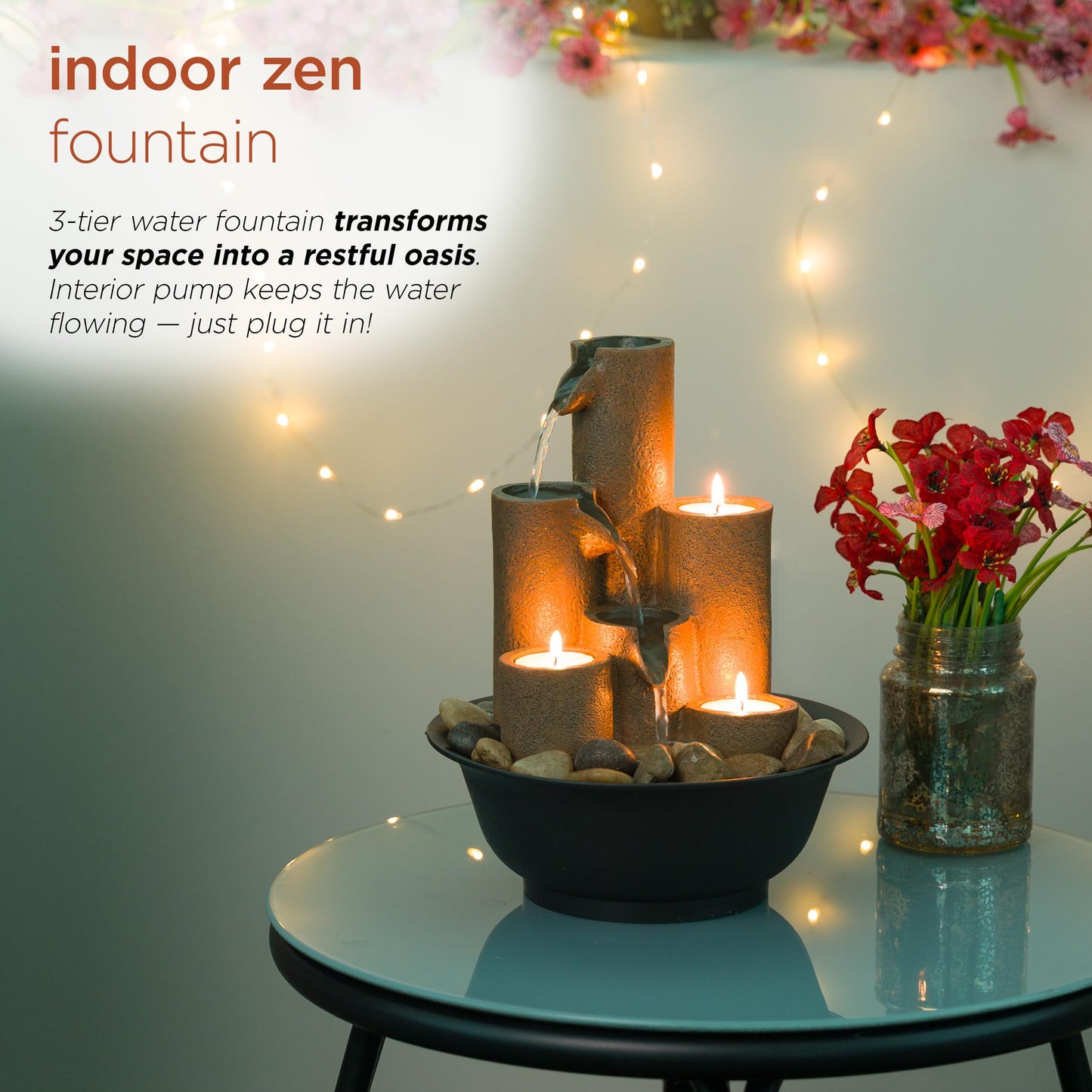 Alpine Corporation Tabletop Indoor Water Fountain, Brown, 9" L x 9" W x 11" H