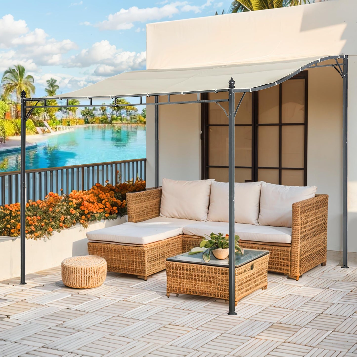 AOUXIN 2.9 x 2.5m Pergola Gazebo with Metal Frame, Elegant Scrolling Canopy, Weather-Resistant, Garden Outdoor Shelter, Beige