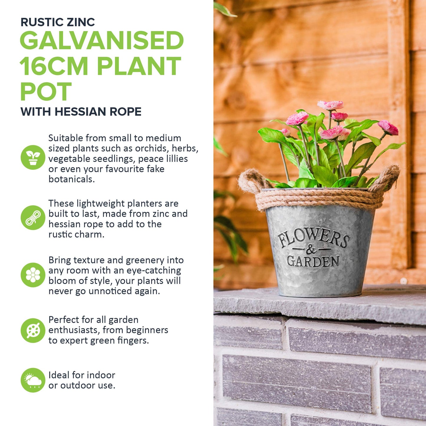 LIVIVO Zinc Plant Pot with Anti-Slug Cotton Rope Handles and 'Flowers & Garden' Design for Outdoor or Indoor Garden, Flower Pot, Herb Garden or Avocado Vase (Set of 3, Round)