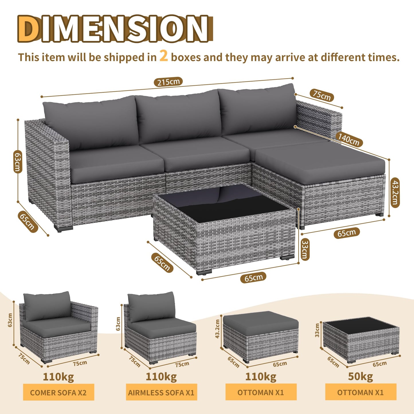 UDPATIO Rattan Garden Furniture Sets of 5,Corner Sofa Set 4 Seaters with Coffee Table,Outdoor Furniture Sectional Modular Combination with Cushion for Balcony,Patio,Grey