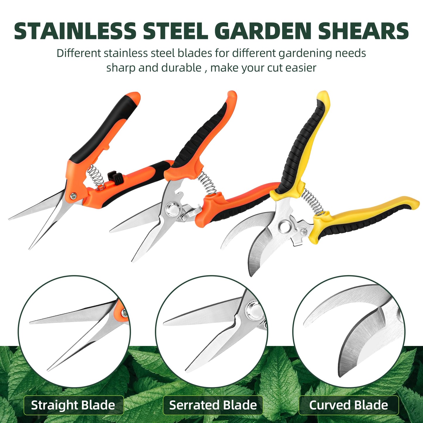 MUETKNYE 3 Pack Garden Pruning Shears, Stainless Steel Blades, Gardening Shears, Scissors, Clippers, Modern Style, Orange