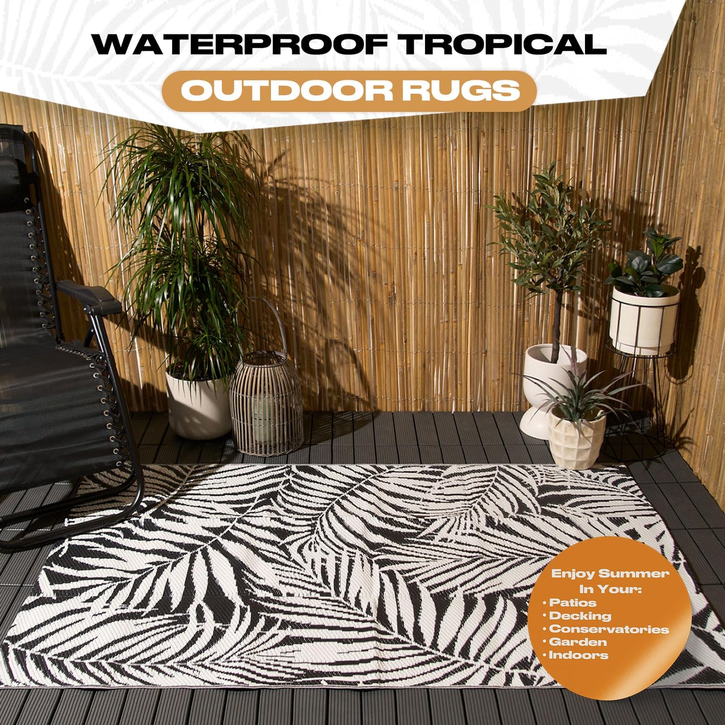 OHS Garden Rug Leaf Black/White, Large Outdoor Rug Water Resistant Foldable Area Rugs Easy Storage Reversible Mat for Summer Garden Patio Decking, 120 x 170cm