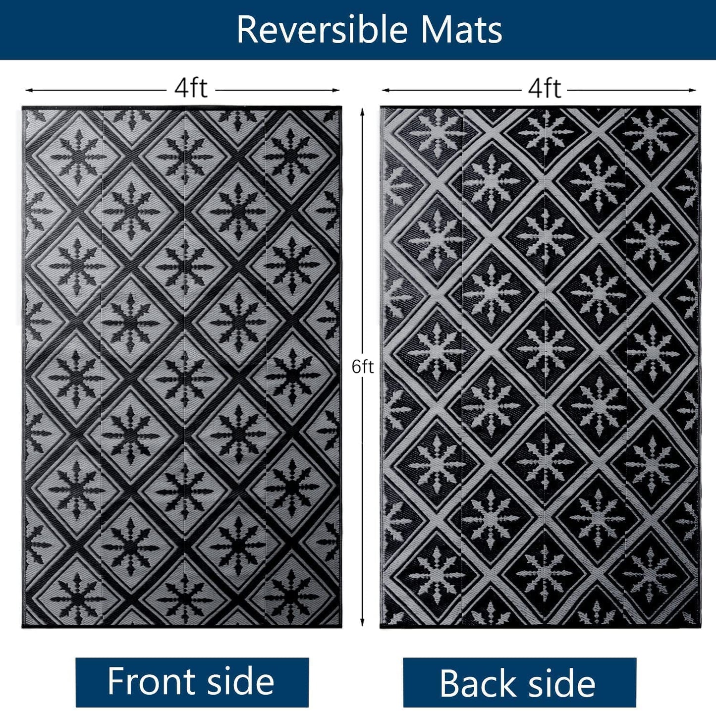 Enipate Outdoor Rugs for Patios Waterproof, 4x6ft Reversible Easy Cleaning Garden Rug, Portable Comfortable Woven Geometric Outdoor Carpet (Black & Grey)