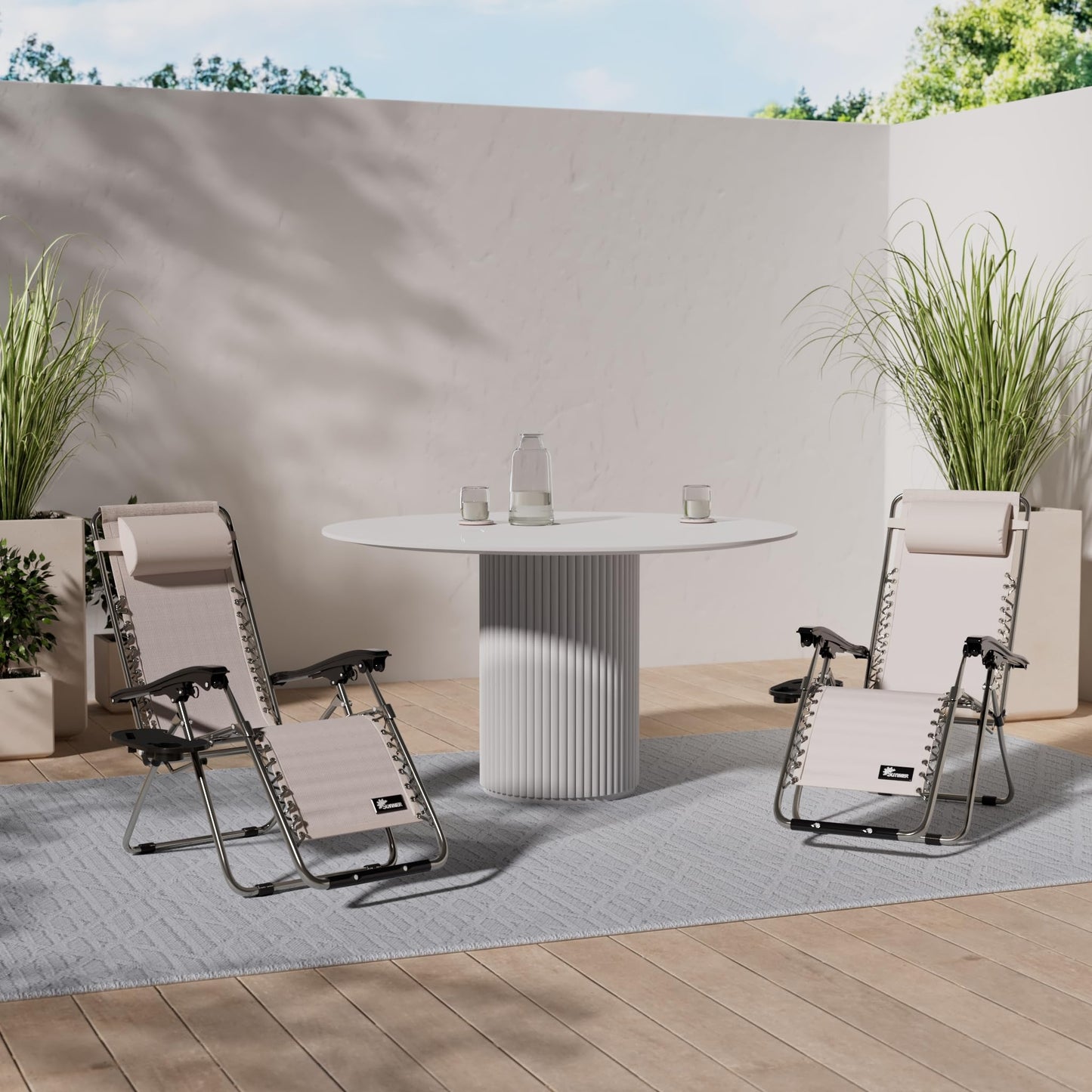 SUNMER Set of 2 Sun Lounger Garden Chairs With Cup And Phone Holder - Deck Folding Recliner Zero Gravity Outdoor Chair - Grey/Grey