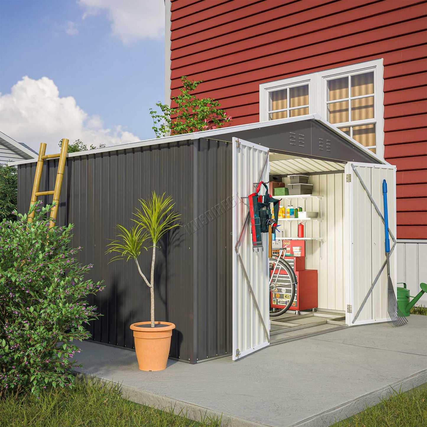 BIRCHTREE Garden Shed Metal Apex Roof 10FT X 8FT Outdoor Storage With Free Foundation Anthracite and White