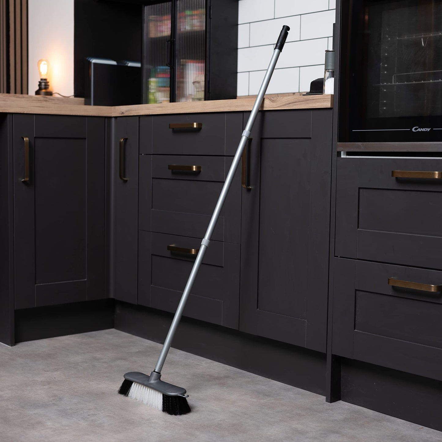 Addis Indoor Plastic Sweeping broom with Soft Nylon bristles & 3pcs easy assemble Metal handle, Metallic Grey