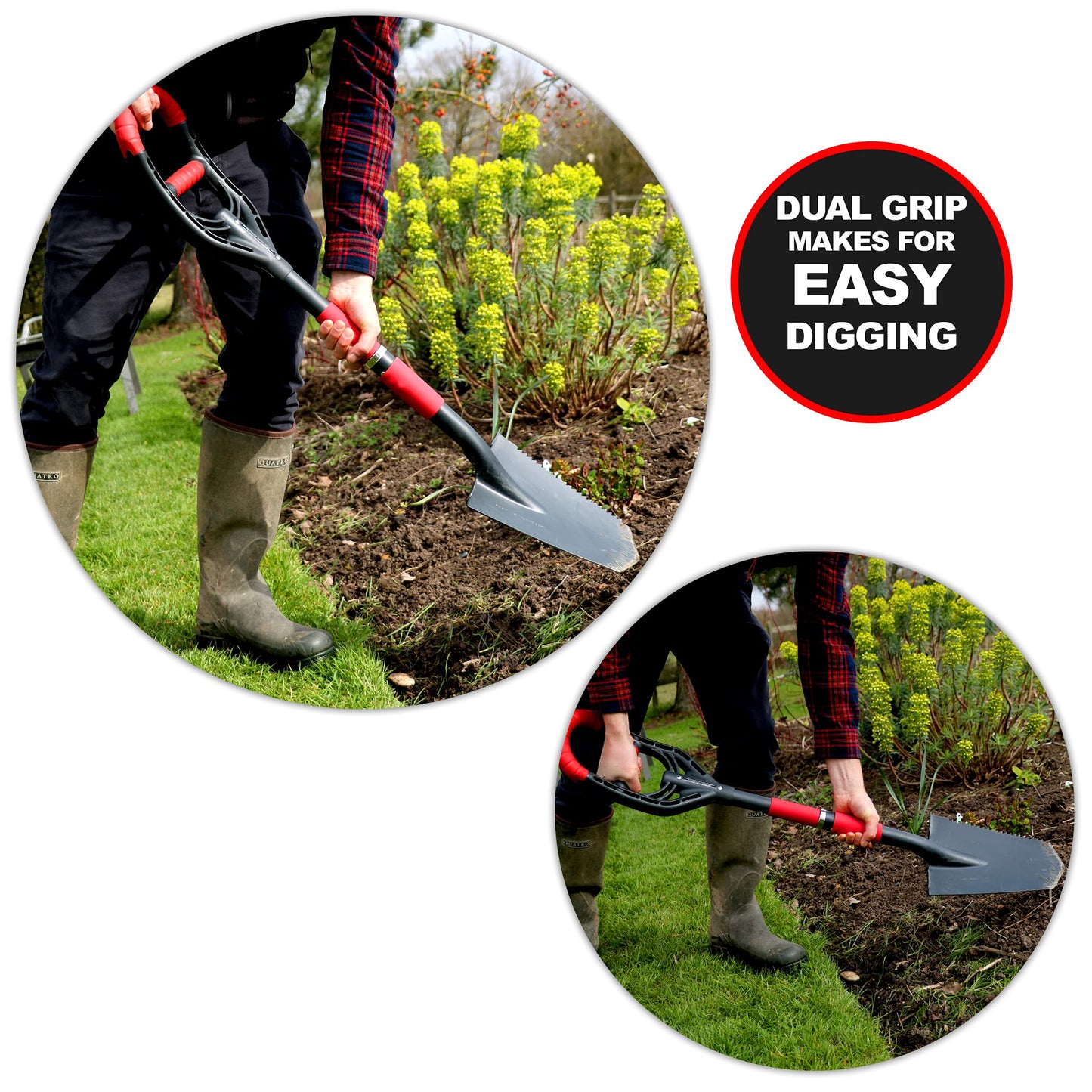Roamwild Multi-Digger Garden Spade – Reinforced Fibreglass Light Weight Gardening Arrow Head Shovel with Unique Dual Soft AIR Light Grip Technology & Root Saw Stump Cutter.