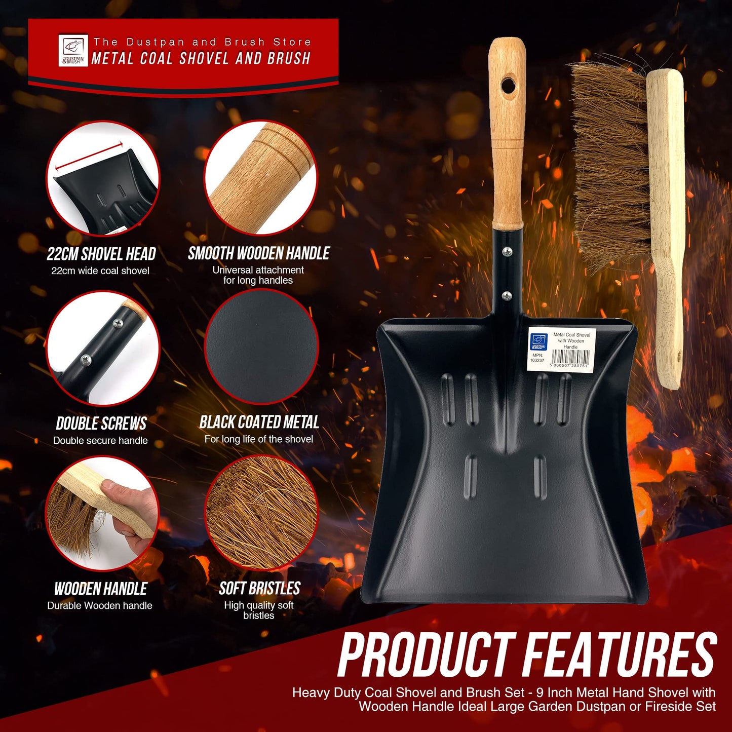 Strong Metal Coal Shovel and Brush Set | 9-Inch-Wide Metal Shovel Dust Ash Pan with Soft Hand Brush Fireside Set | Large Garden Dustpan or Coal Scoop to Easily Collect Coal, Ashes, Dust, Garden Wastes