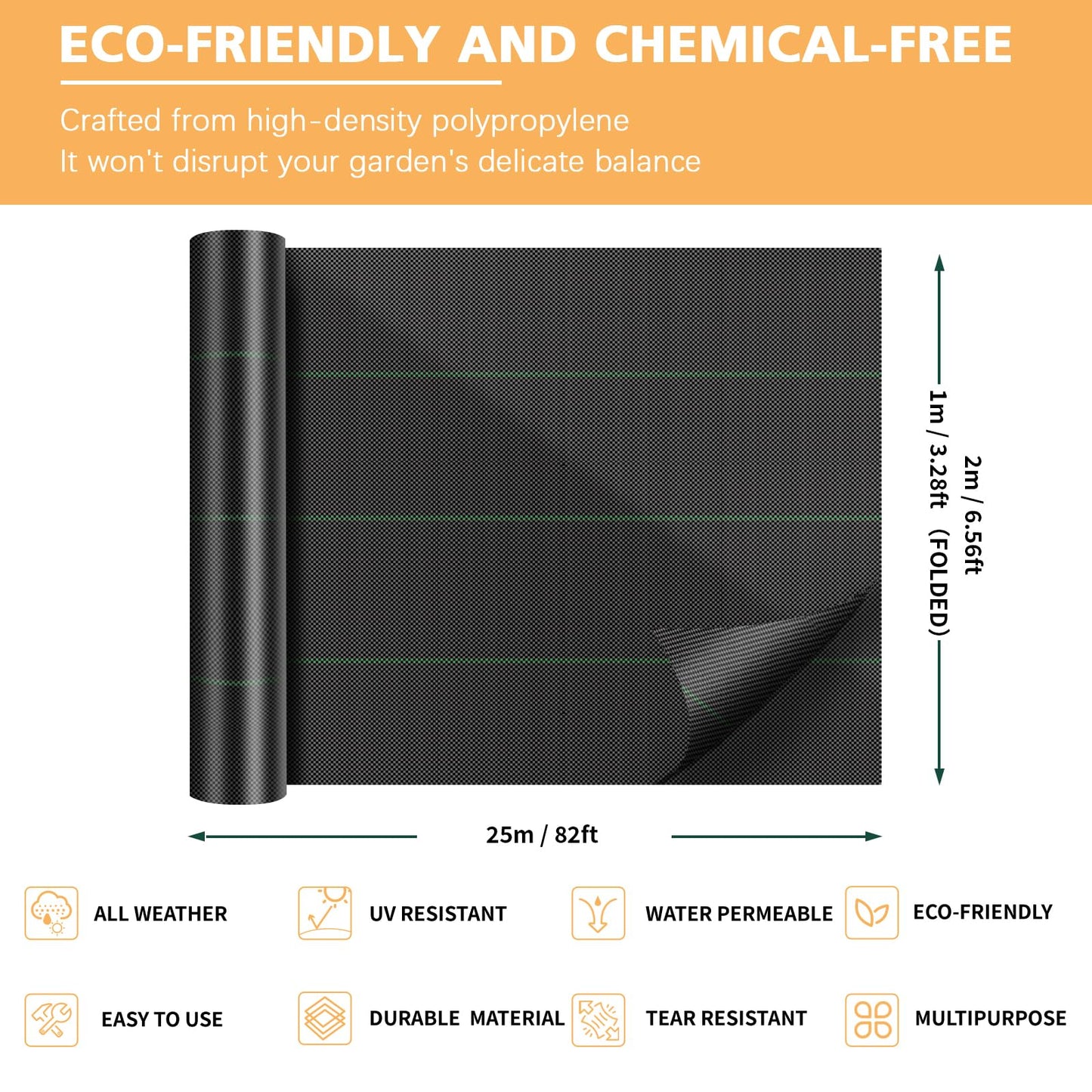 BEEWAY Weed Control Membrane 2m x 25m/Roll, Heavy Duty Weed Control Fabric 90gsm, UV Stabilised Weed Barrier Fabric/Ground Cover for Patios Garden Flower Beds Landscaping Artificial Grass