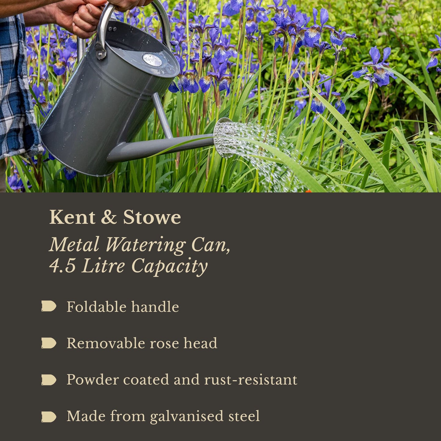 Kent & Stowe Cool Grey Galvanised Steel 4.5L Metal Watering Can, Rust-Resistant, Classic Styled Garden Tool