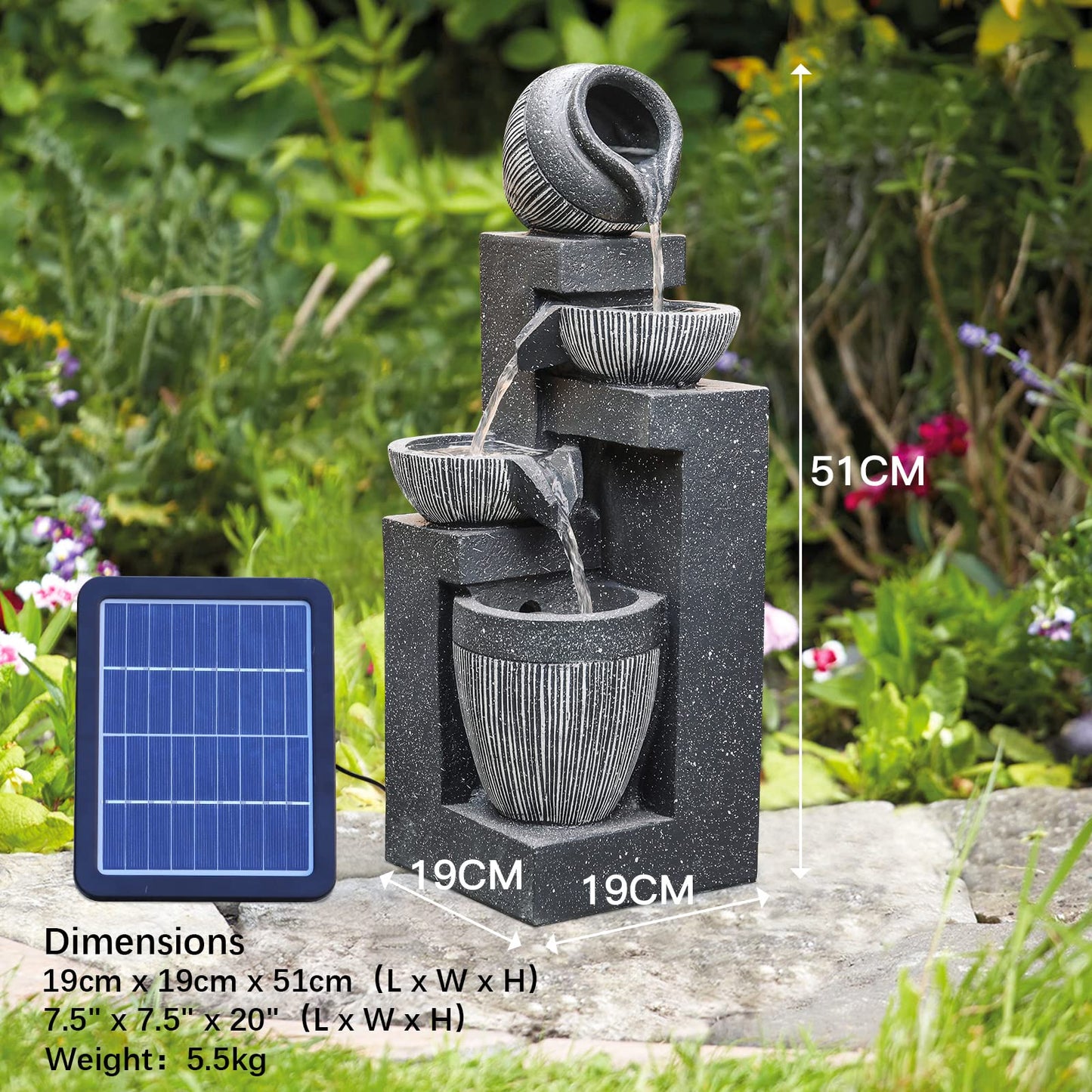 BTGGG Water Feature Outdoor Fountain Rockery Decoration Solar Powered Garden Ornament with LED Light, 19 x 51cm Size Fit for Garden, Pond, Terrace, Balcony