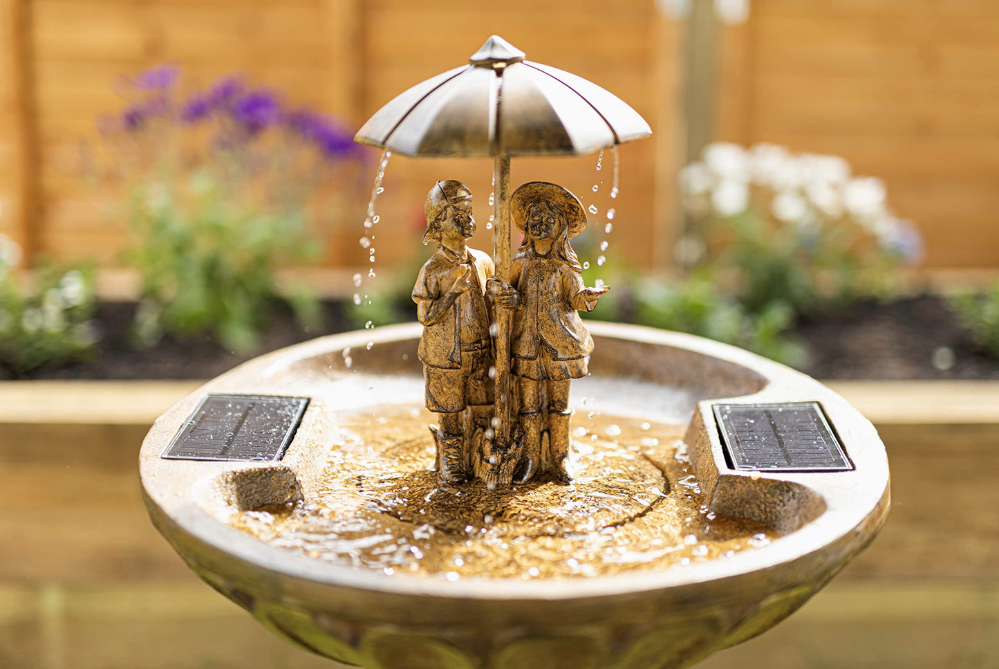 Garden Mile Solar Powered Boy & Girl Umbrella Water Fountain Rustic Traditional Water Feature Garden Solar Water Ornamental Fountain Bird Bath Garden Patio Energy Efficient Resin Solar Water Feature