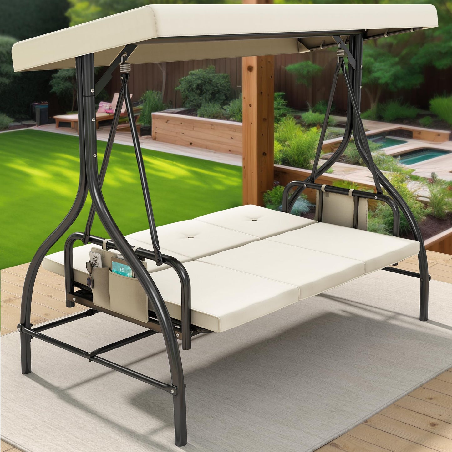 YITAHOME Canopy Garden Swing 3-Seats Outdoor Patio Swing Heavy Duty Swing Chair with Adjustable Canopy Removable Cushion, Suitable for Adult in Garden, Poolside, Balcony, Beige