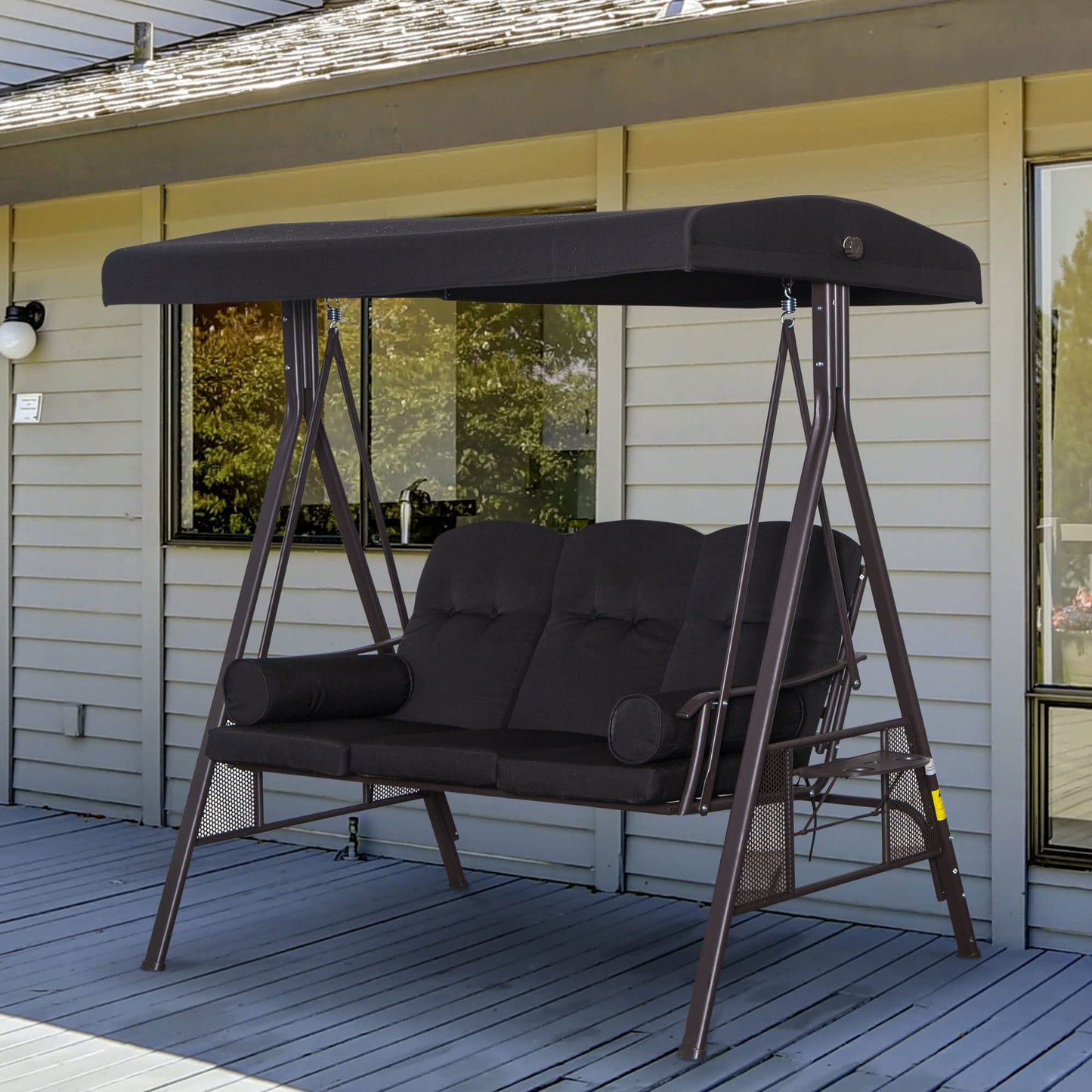 Outsunny 3 Seater Canopy Swing Chair, Outdoor Garden Swing Seat w/Top Roof and Cushions, Black
