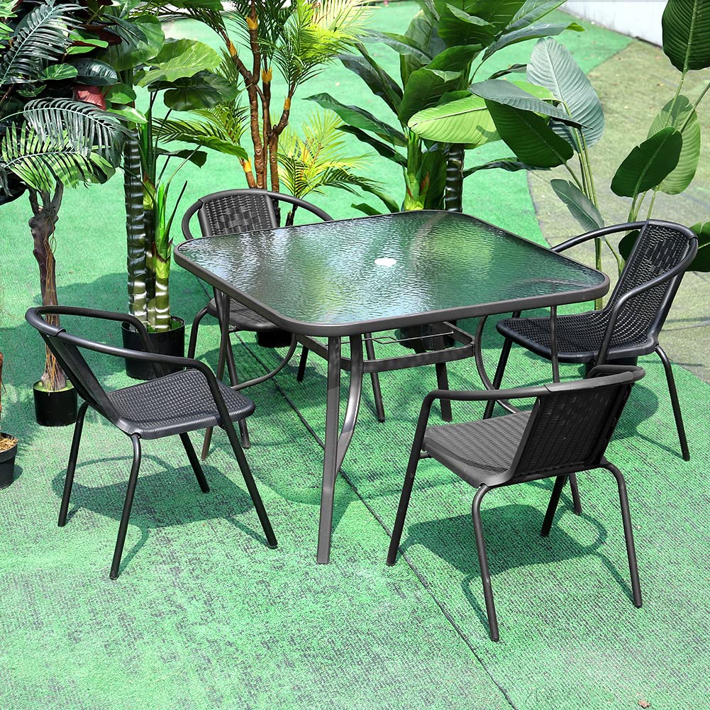 DKIEI 105cm Square Black Outdoor Table with Umbrella Hole, Modern Glass Top for Garden, Patio, Balcony, Backyard