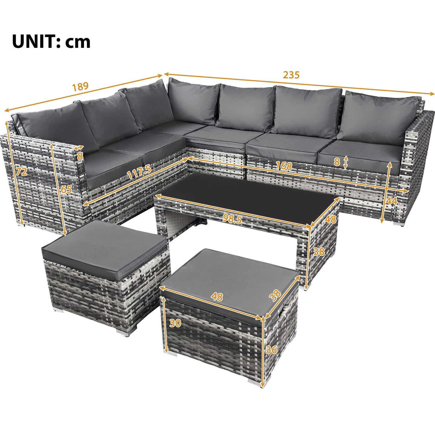 LTGB Garden Furniture Sets, Garden Corner Sofa Set, 8 Seater Rattan Sofa Outdoor Furniture with Coffee table 2 stools【UK Fast Delivery】
