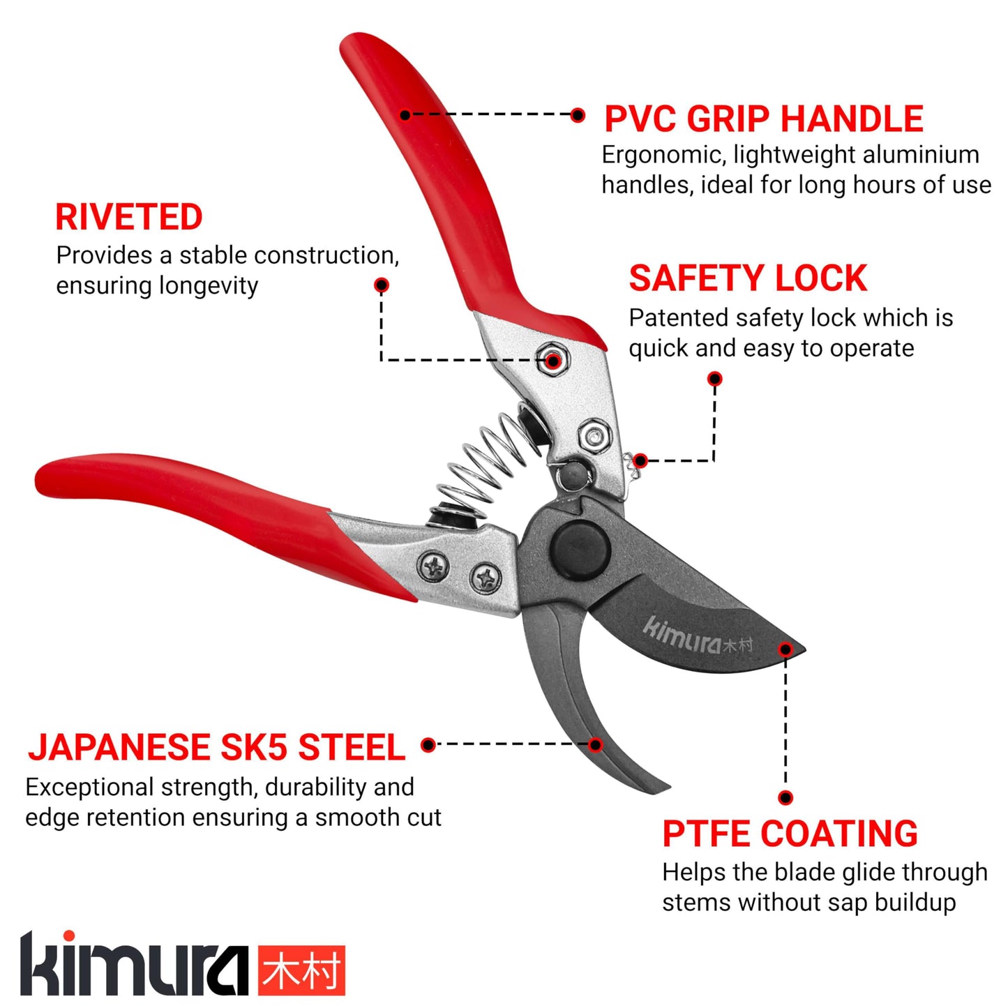 Kimura® 8" Pro Bypass Garden Secateurs, Heavy Duty Premium Japanese SK5 Steel Blades, Non-Slip PVC Coated Handles, Lightweight & Ergonomic, Japanese Bypass Pruning Shears