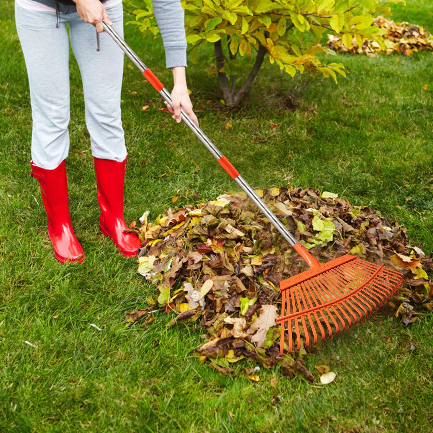 KPUY Steel Garden Rake for Lawn, Telescopic Leaf/Grass Rake, 98cm-165 cm Adjustable Handle - 25 Tines Durable Steel Head&Garden Gloves for Quick Clean Up of Lawn and Yard(Tangerine)
