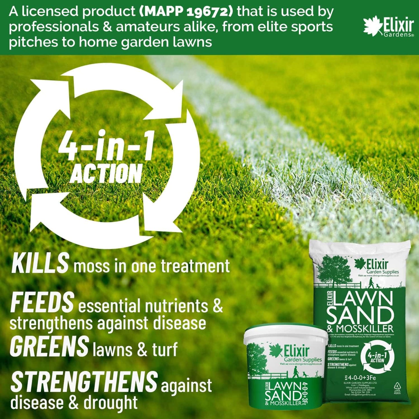 Elixir Gardens Lawn Sand & Moss Killer Treatment | Turf Green Up with Iron Sulphate | 4-0-0-3Fe | 20kg Bag | Treats over 310 sq. meters