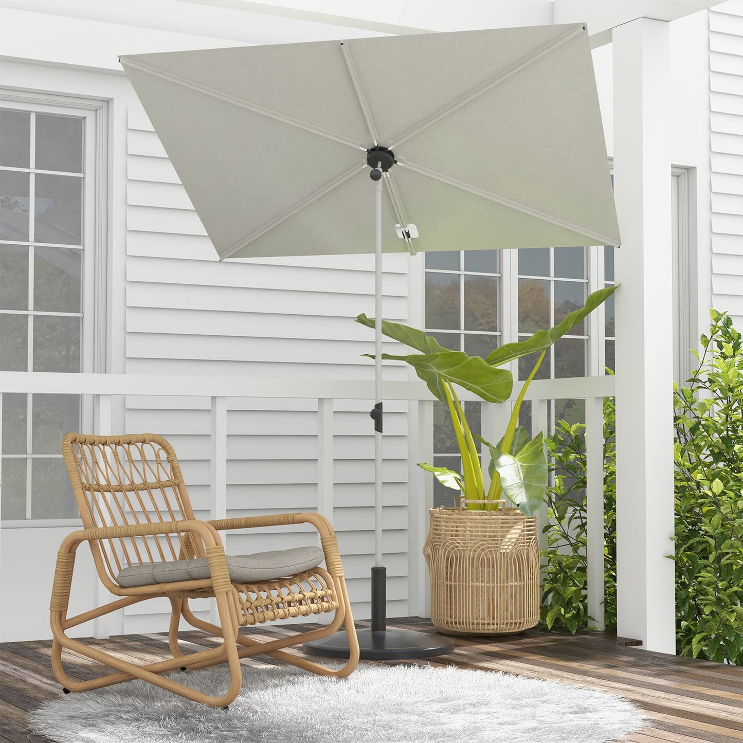 Grand patio Outdoor Umbrella, Versatile Balcony Shade with 360 Degree Roating Parasol, Powder-coated Steel Rectangular Flat Canopy for Deck Apartment Patio, White