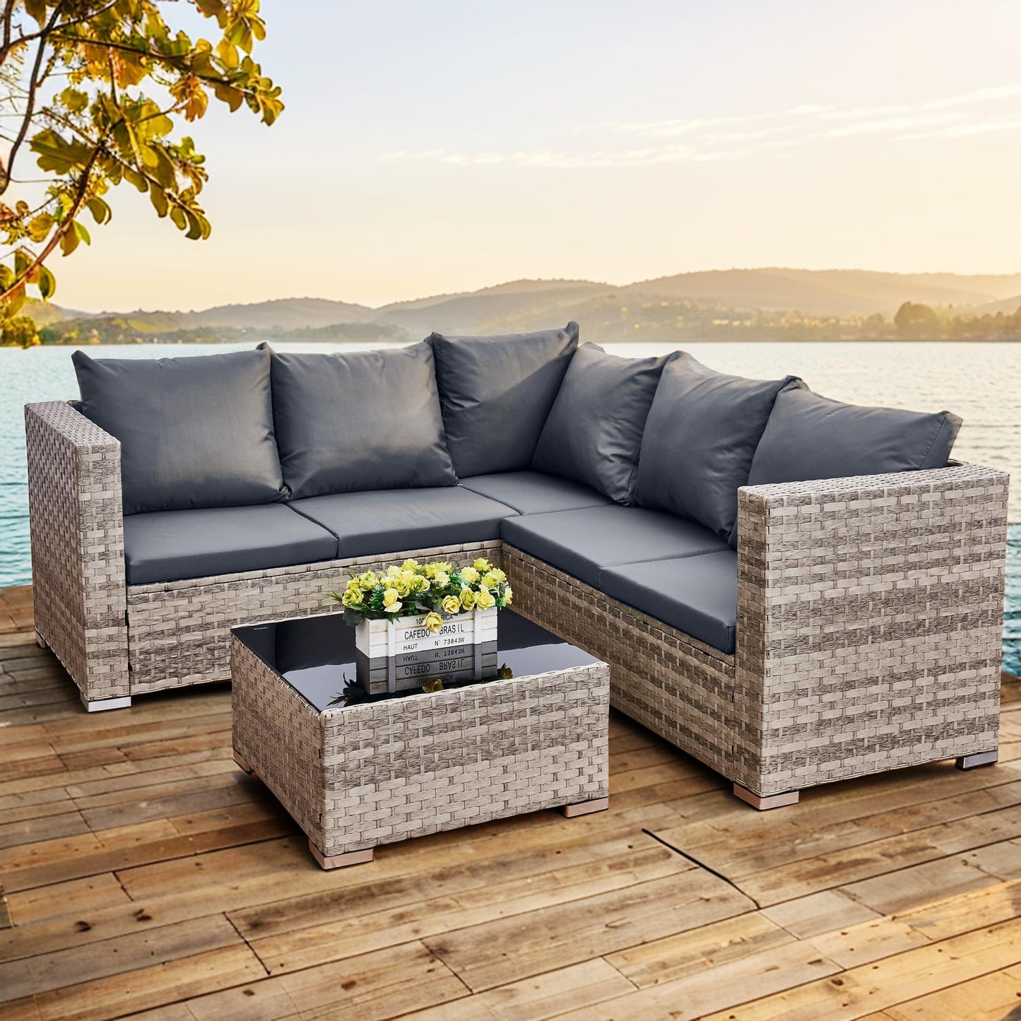 AOUXIN 5 Seater Rattan Garden Furniture Set, Rattan Corner Sofa Set Patio Sofa with Glass Table (Grey)