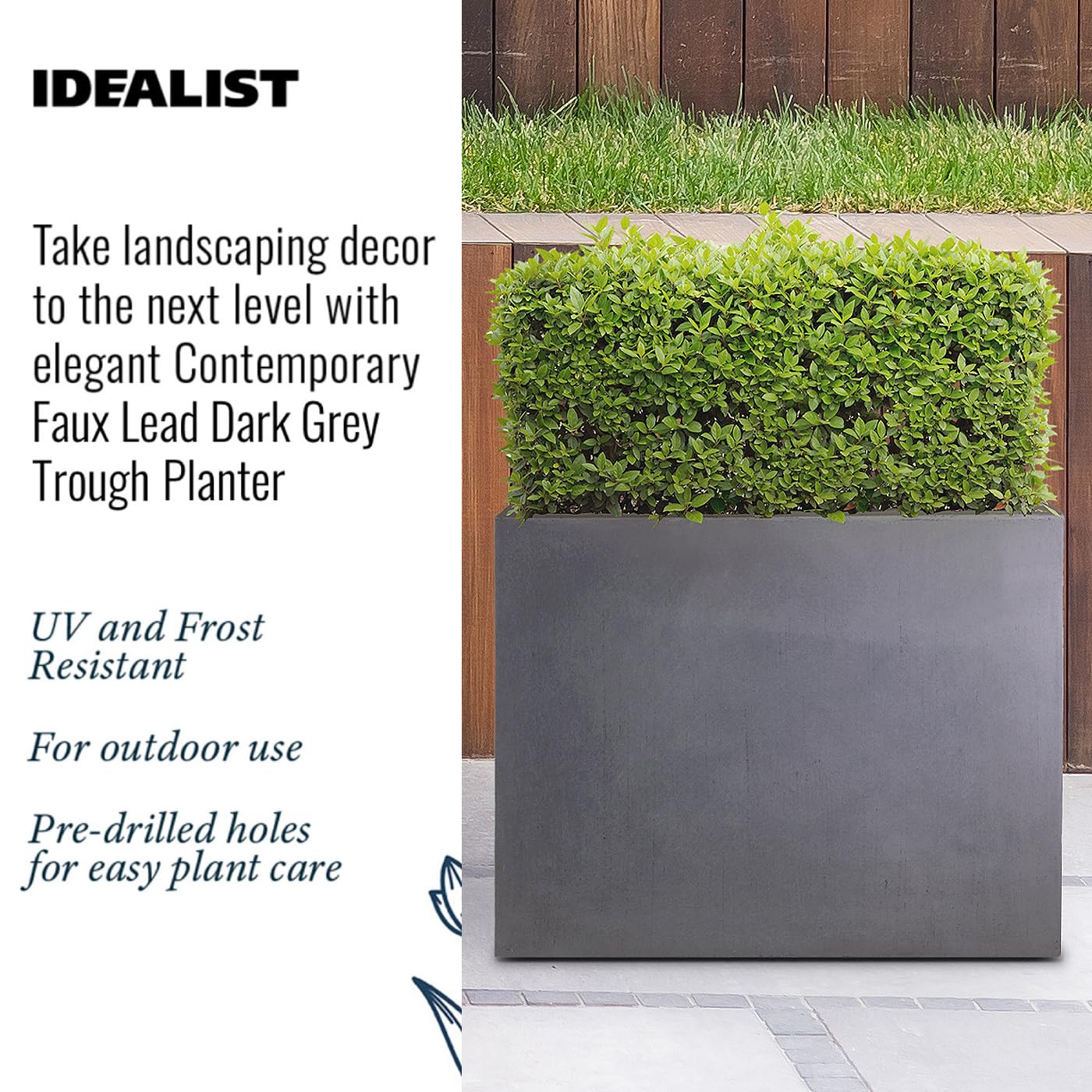 IDEALIST 70cm Large Trough | Dark Grey Reinforced Stone Rectangular Planter | Garden Plant Pots with Drainage Holes L70 W40 H60 cm, 124 litres