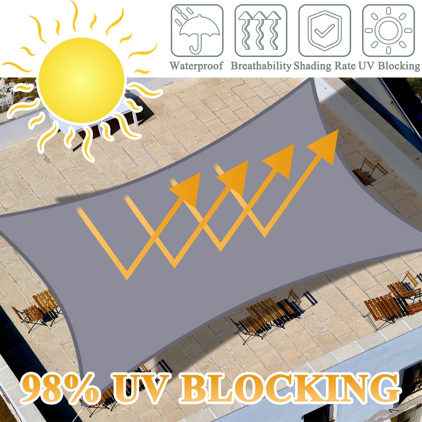 Teynewer Sun Shade Sail Square 3x3m Waterproof Shade Sail for Outdoor Garden Patio Party 98% UV Block Sunscreen Awning Canopy Sunsail with Free Rope, Light Grey