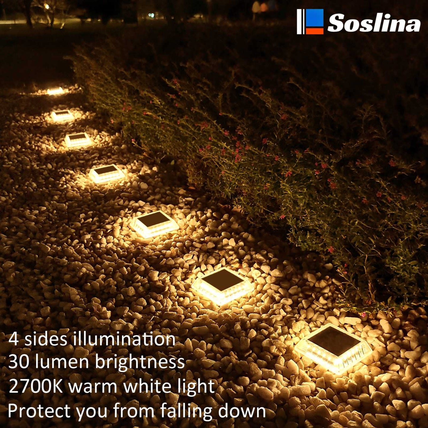 Soslina Solar Decking Lights, Solar Ground Lights Outdoor Garden, Solar Powered Step Lights Waterproof, Solar Lights for Garden Sidewalk Runway Fence Patio Pathway Driveway Dock, Warm White, 4 Pack