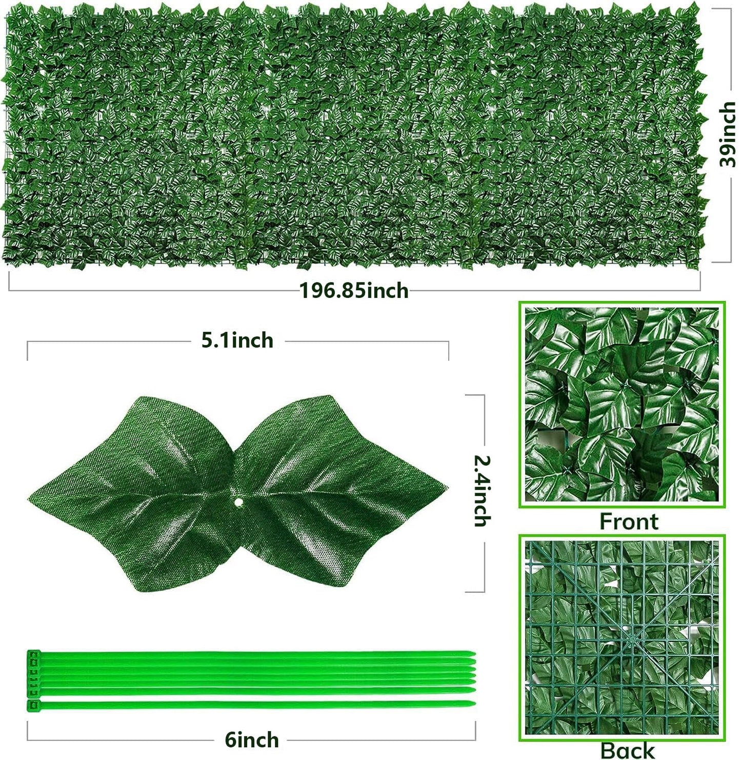 Artificial Ivy Fence Screening 5m x 1m, Green Fencing Hedge Roll Wall Privacy with 50 Green Cable Ties, Ivy Leaves Fence UV Fade Protected for Outdoor Garden Decor, Party, Wedding(39x118in)
