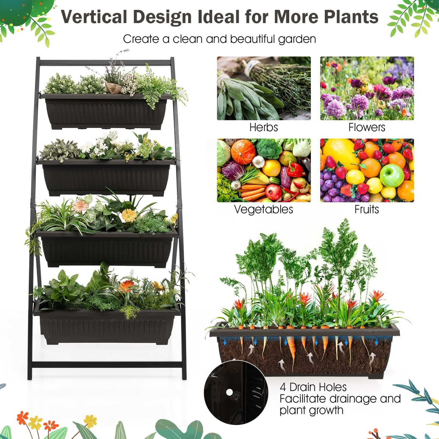 COSTWAY 124cm/163cm Raised Garden Bed, 4-Tier Vertical Garden Planter with 4 Container Boxes & Drainage Holes, Indoor Outdoor Elevated Flower Herb Growing Box for Patio Yard Balcony (76 x 78 x 163cm)