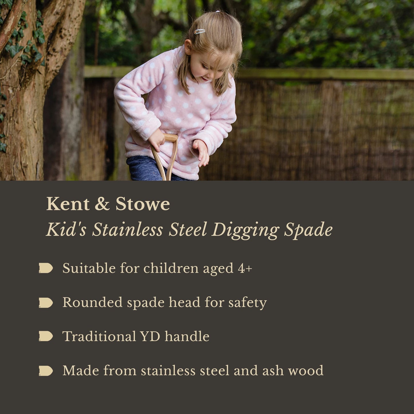 Kent & Stowe Kid's Stainless Steel Digging Spade, Compact and Light Garden Spade, Designed for Growing Gardeners, All Year Round Garden Tools Made from Stainless Steel and Ash Wood