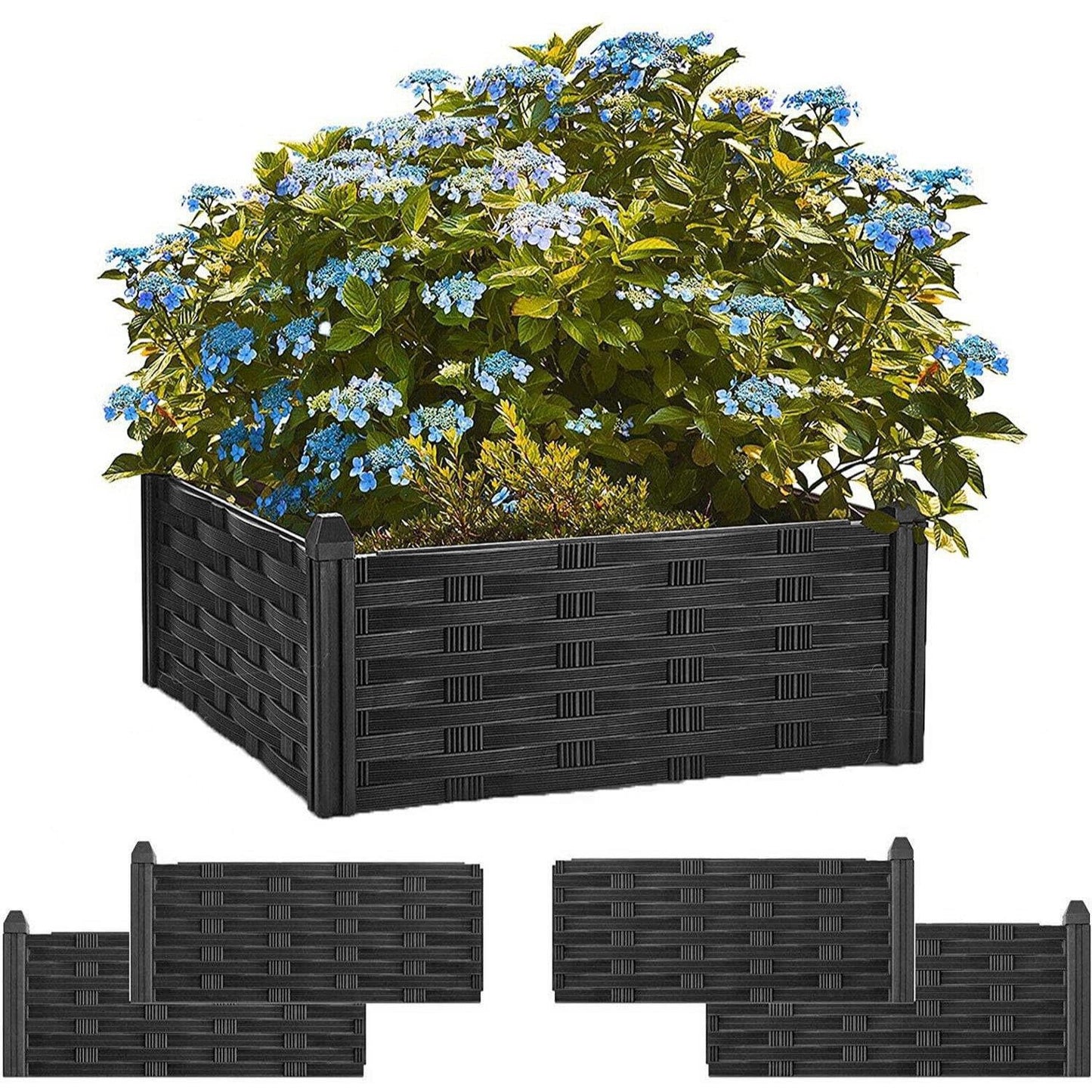 Raised Flower Bed Garden Fence Lawn Edging Rattan Effect Pot Vegetable Planter, Outdoor Usage, Black 4 Piece