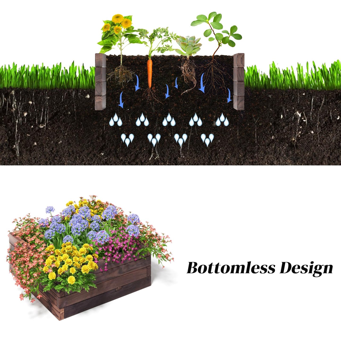 GiantexUK Wooden Raised Garden Bed, Square Garden Planter Box with Open Bottom, Outdoor Elevated Vegetables Herbs Plants Flower Pots Grow Box Container for Patio Backyard