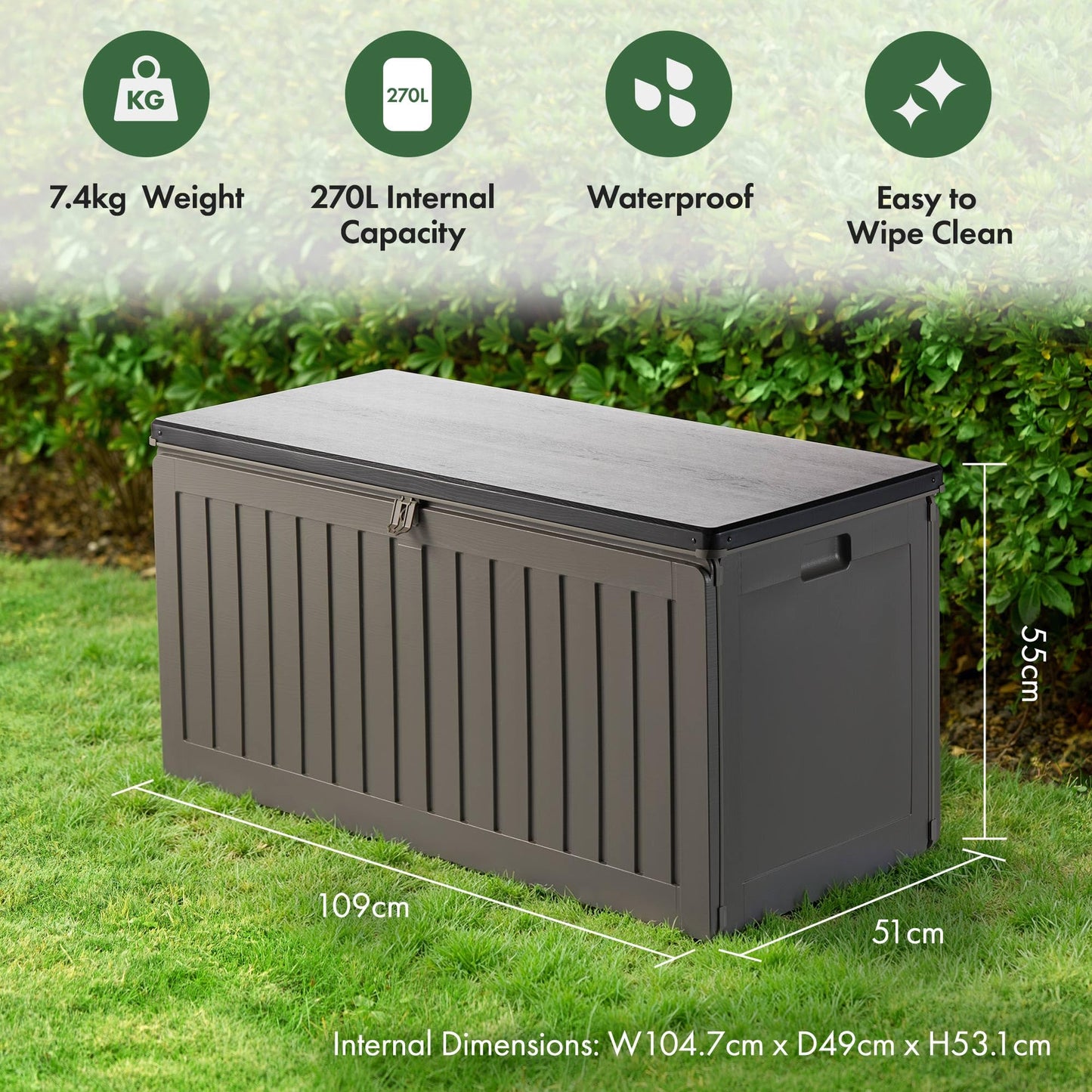 VonHaus Garden Storage Box 270L – Outdoor Utility Chest Organiser – Weatherproof Plastic, Lockable Lid, Sliding Bar Hinge, Carry Handles, Portable – For Garden, Patio, Balcony, Decking – Grey, Black