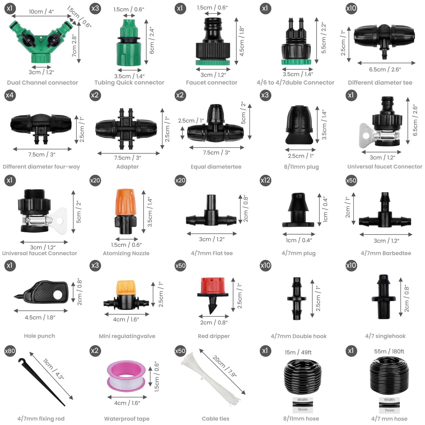 Belle Vous 340-Piece Garden Irrigation System Kit -180ft/50m Drip Irrigation Hose and Adjustable Nozzle Sprayers - Automatic Garden Watering/Misting System for Greenhouse Lawn Flowerbed & Patio Plant