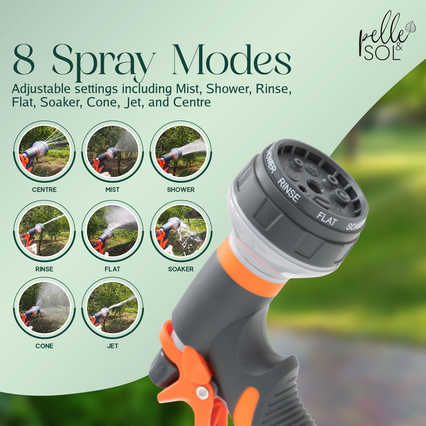 Pelle & Sol Hose Pipe Spray Gun Kit with 8 Adjustable Modes High-Pressure Nozzle & Hose Connector Fittings | Non-Slip Garden Hose Set & Garden Tools |Shower Hose Set for Watering Plants, Car Cleaning