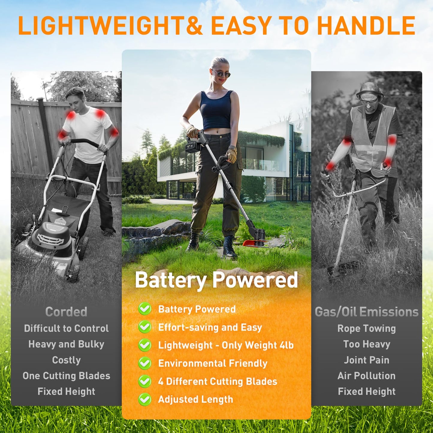 Cordless Strimmer, 24V Electric Grass Trimmers with 6x Metal Blades & 10x Plastic Blades, Telescopic Garden Strimmer with 2X 4000mAh Batteries, Battery Strimmer Grass Cutter for Garden Lawn Shrubs