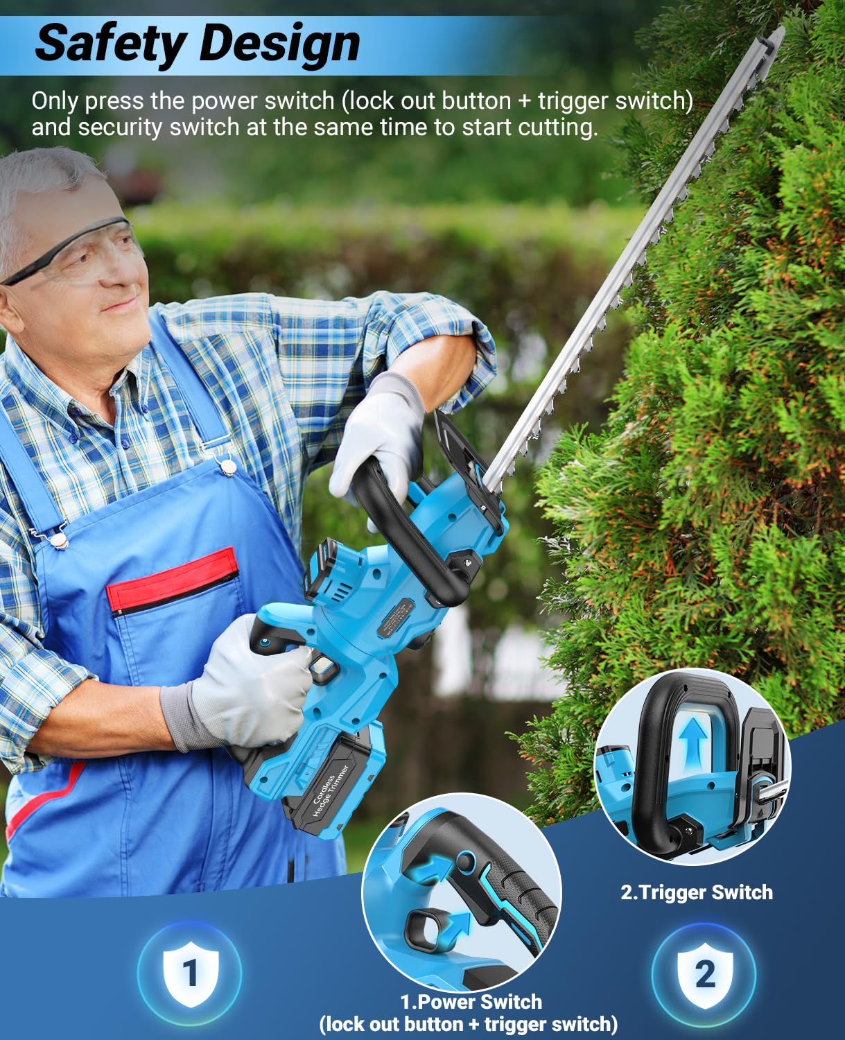 Cordless Hedge Trimmer, LEEIKOO Electric Hedge Trimmer with 4000mAh Battery, 180° Adjustable Hedge Cutter, 51 cm Blade length, 16 mm Tooth Spacing, Blade Cover for Hedges, Branches, Shrubs, Twigs