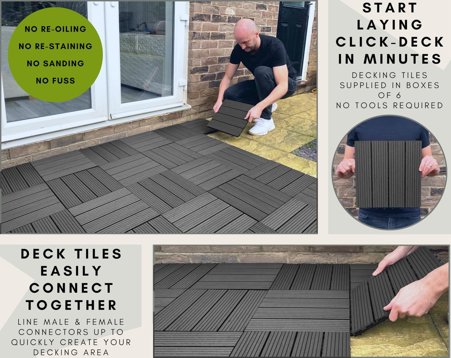 CLICK-DECK Composite Decking Tiles | Patio, Balcony, Concrete, Hot Tub Deck Tiles | 30x30cm Square Connect Flooring | Easy Installation | Low Maintenance | Great Drainage (6X Deck Tiles, Ebony)