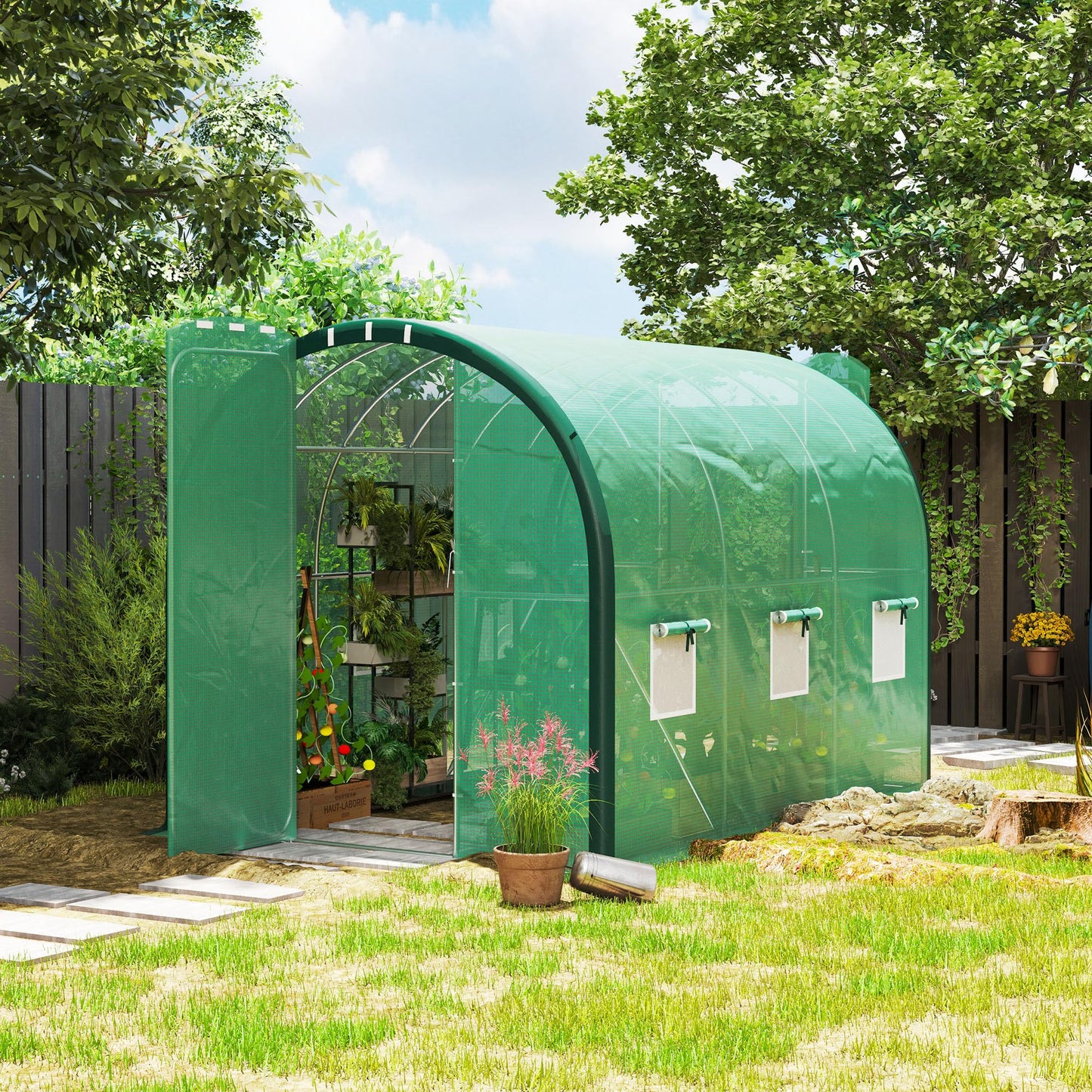 Outsunny 3 x 2(m) Walk-in Polytunnel Greenhouse with Upgraded Structure, 2 Hinged Doors, 6 Mesh Windows, Tunnel Warm House Tent with UV-resistant PE Cover, Green