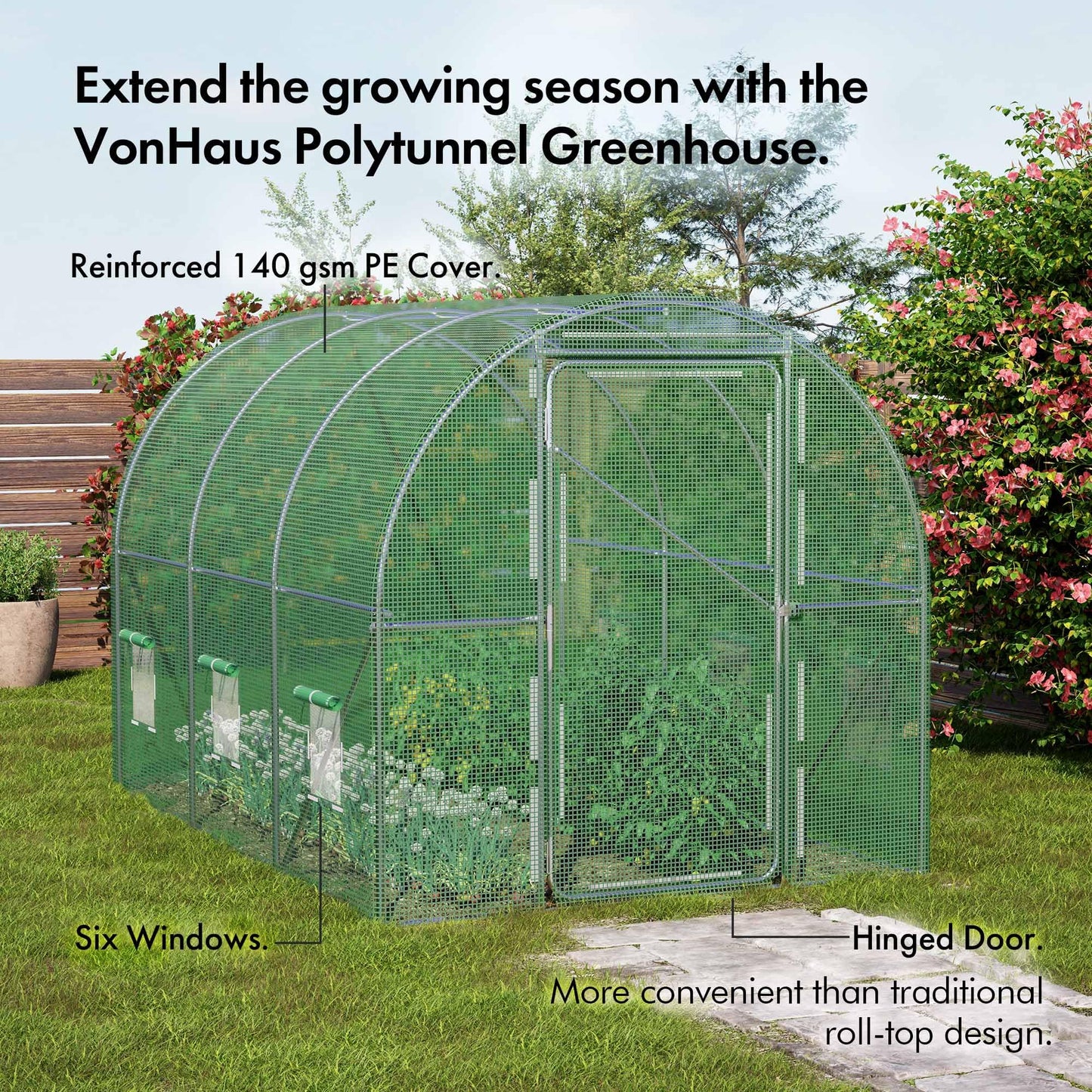 VonHaus Polytunnel Greenhouse – 3 x 2m Walk in Poly Tunnel Tent – 6m² Heavy Duty Weatherproof Green House for Garden and Outdoor with Roll-up Mesh Windows, Galvanised Steel Frame and Hinged Door