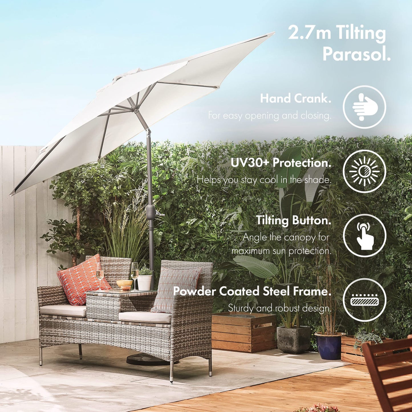 VonHaus Parasol 2.7M – Parasol Umbrella for Outdoor, Garden, Patio – Sun Shade Canopy with Hand Crank, Tilt Function, UV30- Protection, Air Vent, Powder Coated Steel Frame