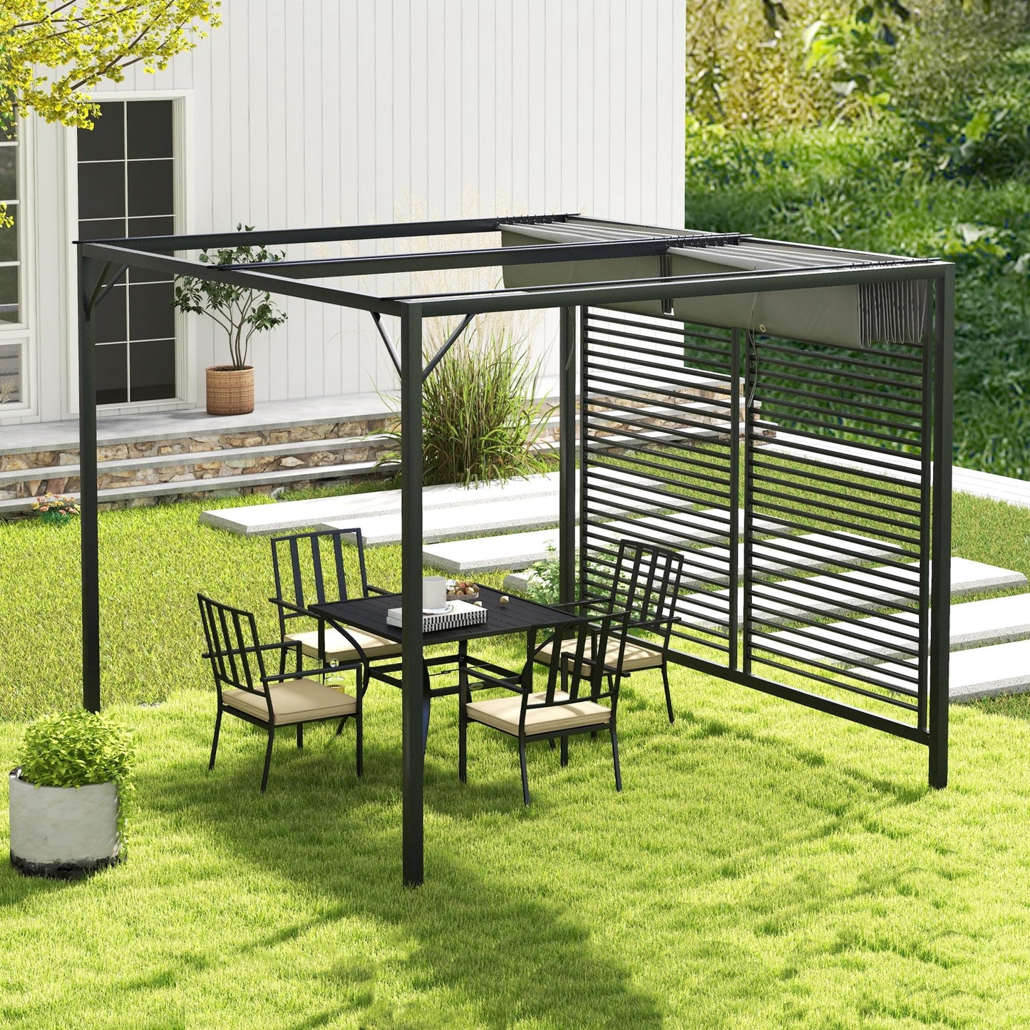Outsunny 2.8 x 3(m) Metal Outdoor Pergola with Retractable Roof, Outdoor Gazebo Canopy Shelter with Grommet Holes for Garden, Patio, Lawn, Grey