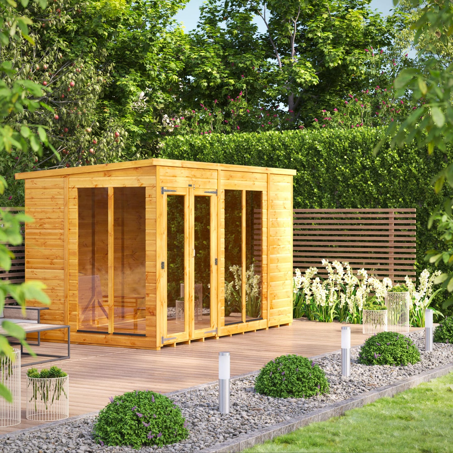 Powersheds High Grade Premium Pent Summer House Wooden Shed with PVC Window sills, Door & Window Flexibility, made from 12 mm Extra Thick Timber & Toughened Glass