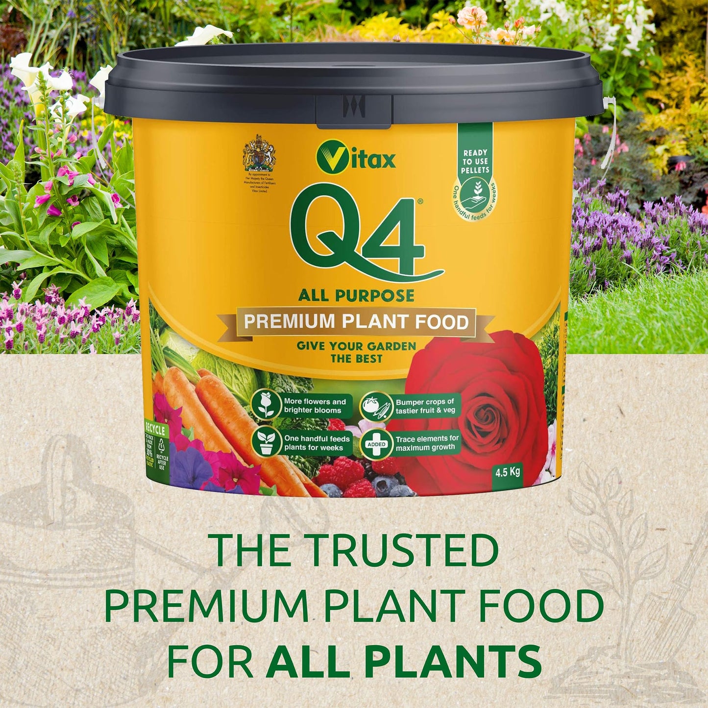 Vitax Q4 All Purpose Plant Food, Fertiliser Enriched With Organic Nutrients, More Flowers, Bigger Yields, Slow Release - 4.5Kg Tub