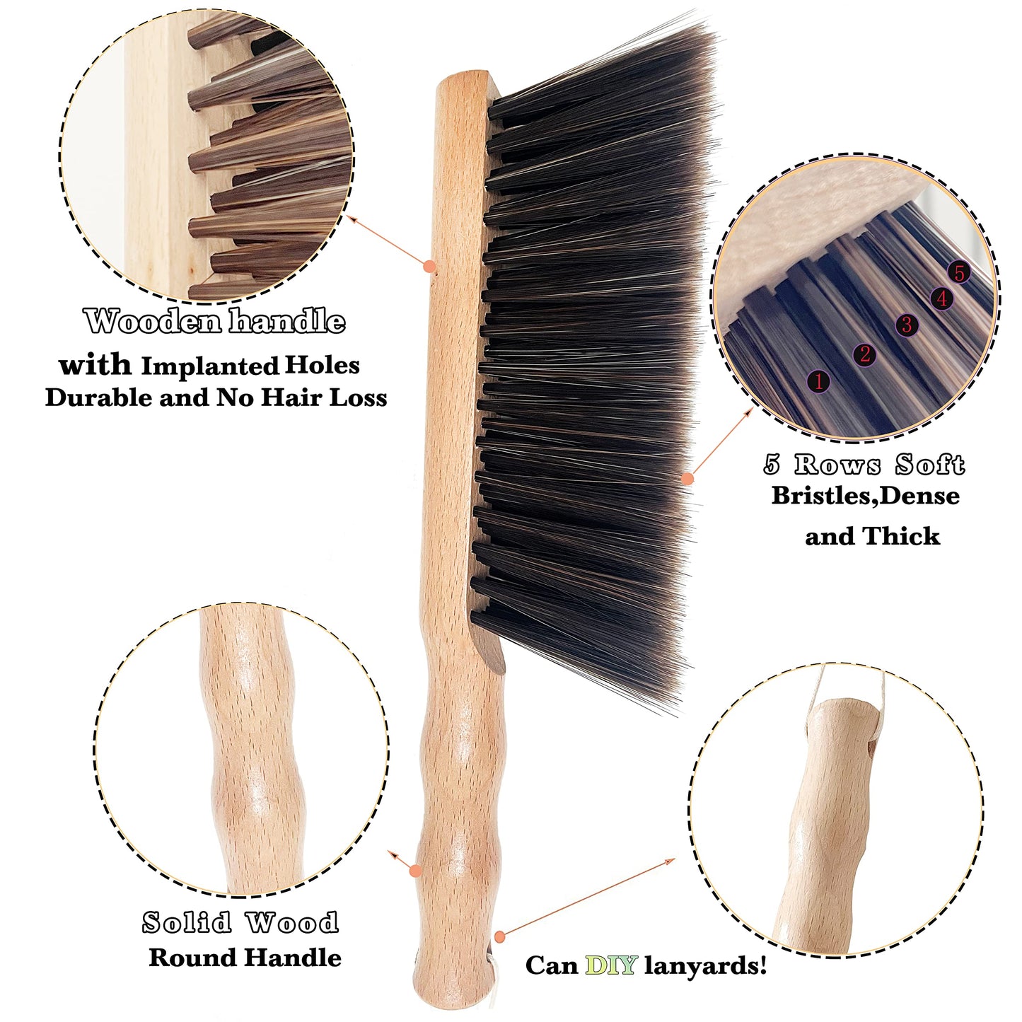 Beech Wood Hand Brush&Natural Solid Wooden Round Handle Brushes,5 Rows of Soft Bristles 11.8" Hand Broom for Cleaning Dusting Stair,Garden,Bed,Sofa,Furniture,Brick,Floor
