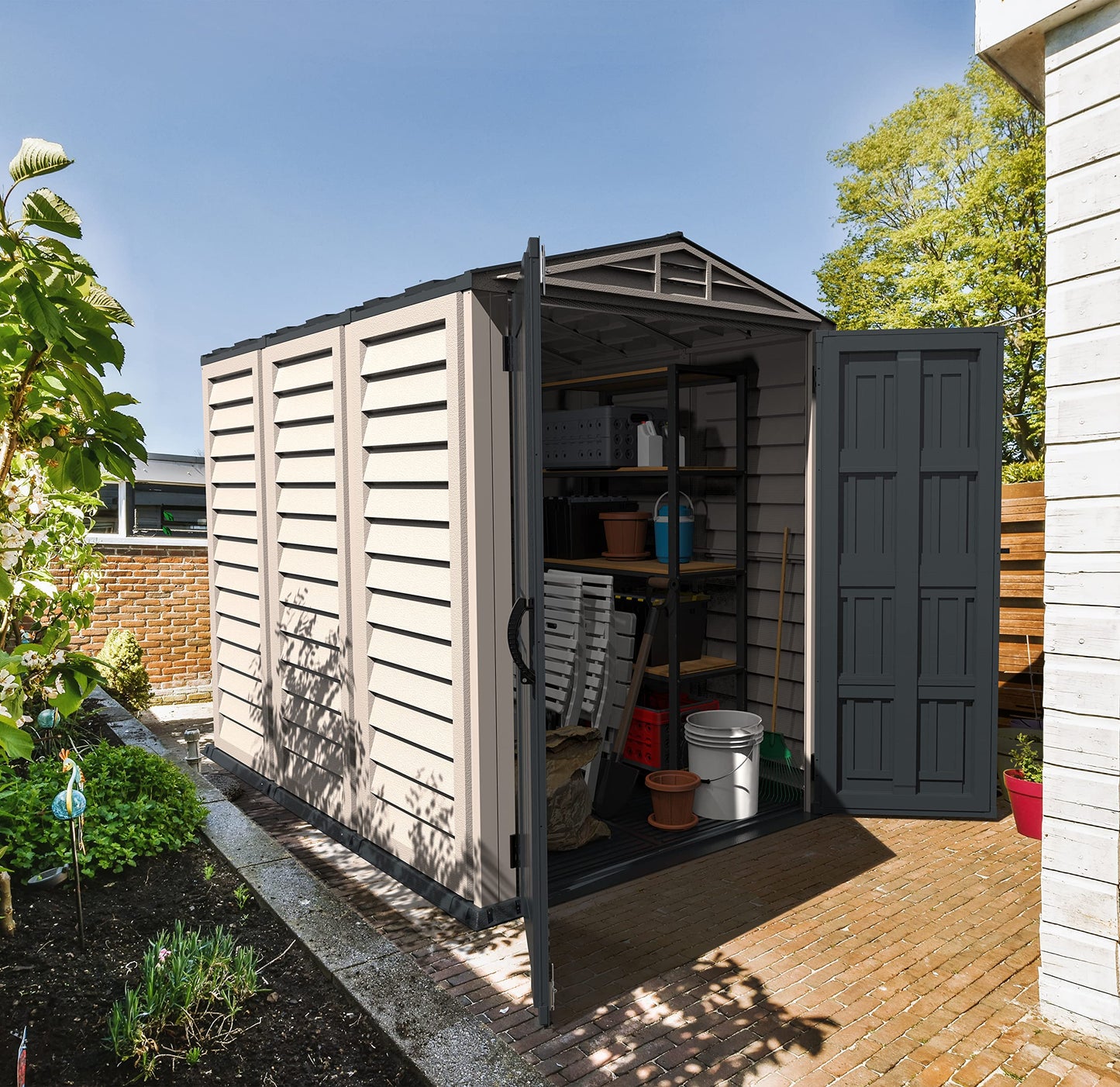 Duramax YardMate PLUS 5 x 8 (4.28 m2) Plastic Garden Shed with Heavy-Duty Plastic Floor, Strong Metal Roof Structure, Fire Retardant & Maintenance-Free Storage Shed, Dark Grey & Adobe