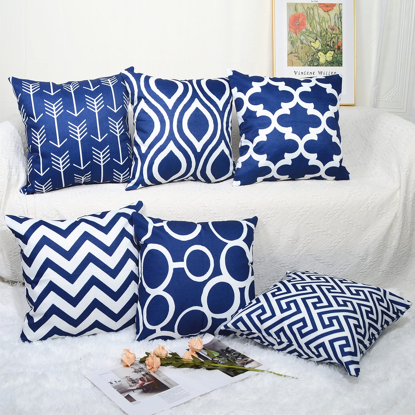 TIDWIACE Set of 6 Navy Blue Cushion Cover Outdoor Furniture Decorative Linen - Throw Pillow case for Home Office Sofa Bedroom Car Garden ,Invisible Zipper 45x45cm/18x18 Inch